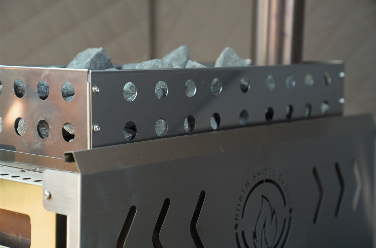 North Shore Sauna Stove Rock Basket side view with Logo Showing