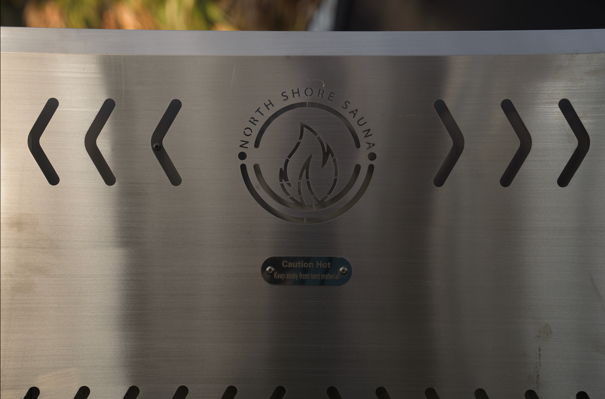 North Shore Sauna Portable Tent Wood Stove with Logo up close