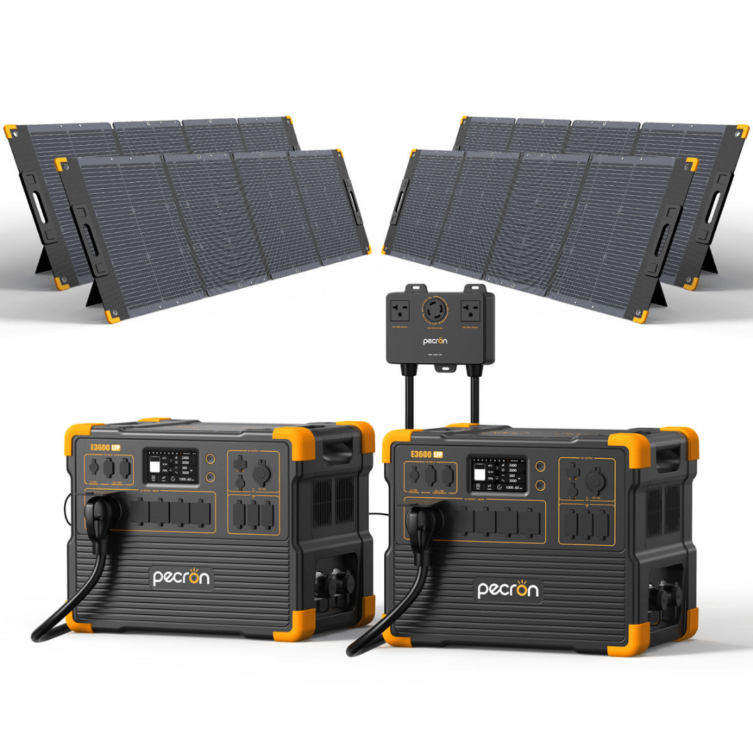 Two PECRON E3600LFP Portable Power Stations with 240V box and four 300W solar panels