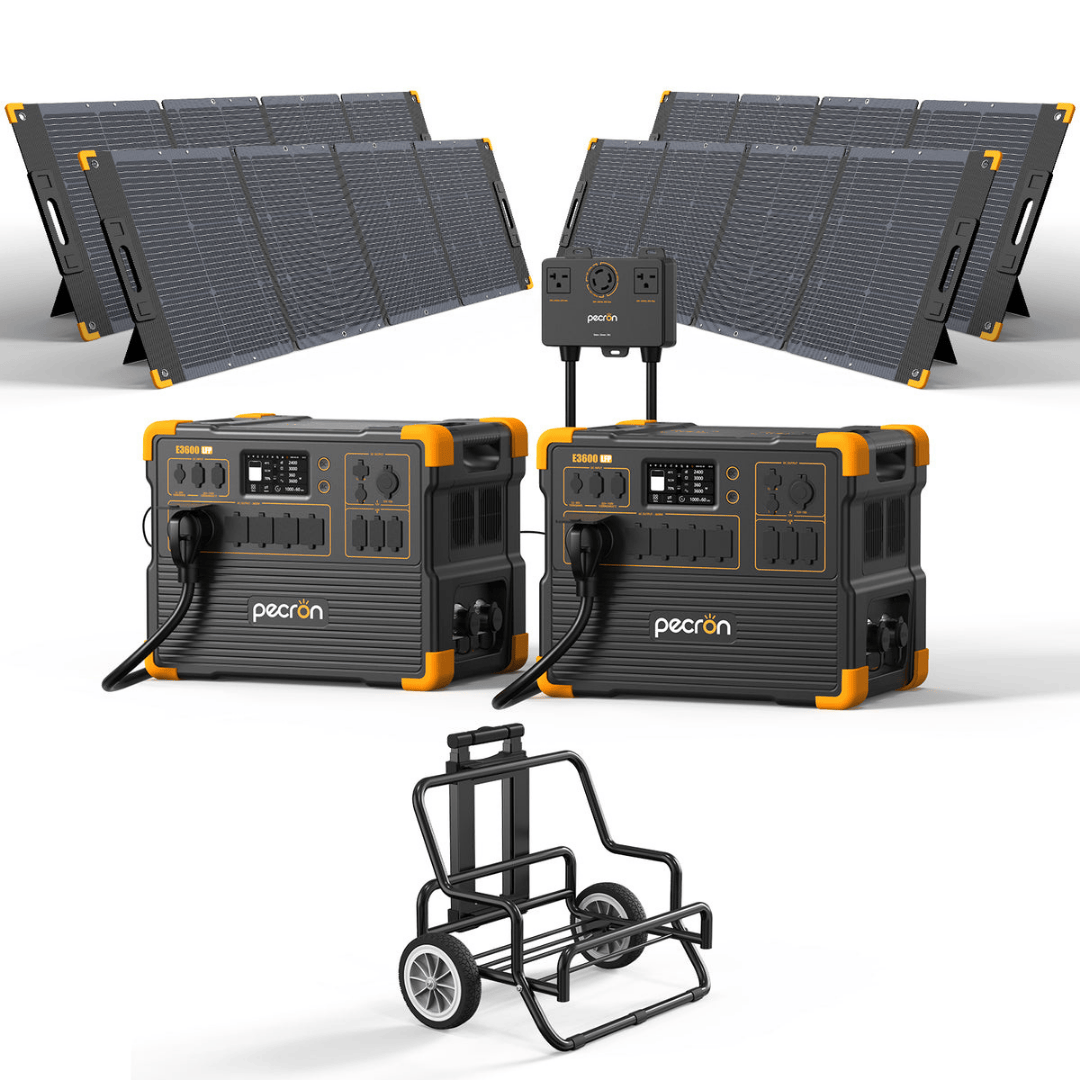 Two PECRON E3600LFP Portable Power Stations with 240V box and four 300W solar panels and trolley