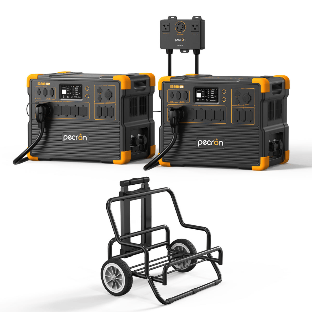 Two PECRON E3600LFP Portable Power Stations with 240V box and trolley
