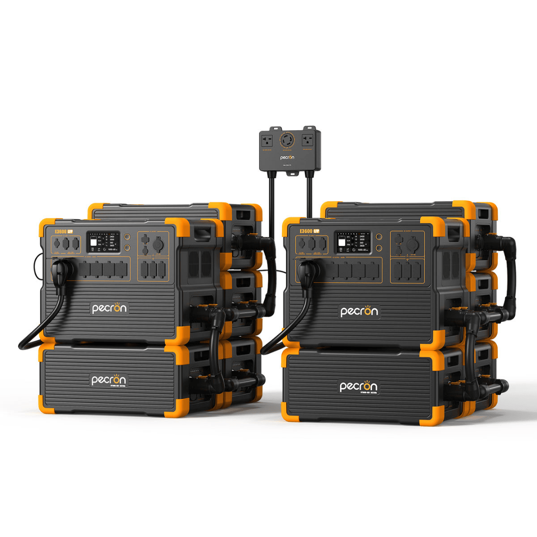 Two PECRON E3600LFP Portable Power Stations with eight EP3000-48V batteries and 240V box