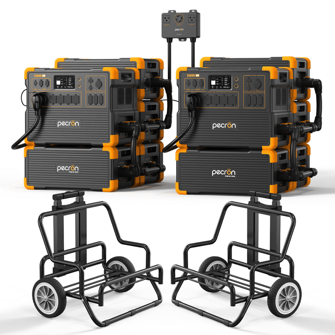 Two PECRON E3600LFP Portable Power Stations with eight EP3000-48V batteries and 240V box and two trolleys