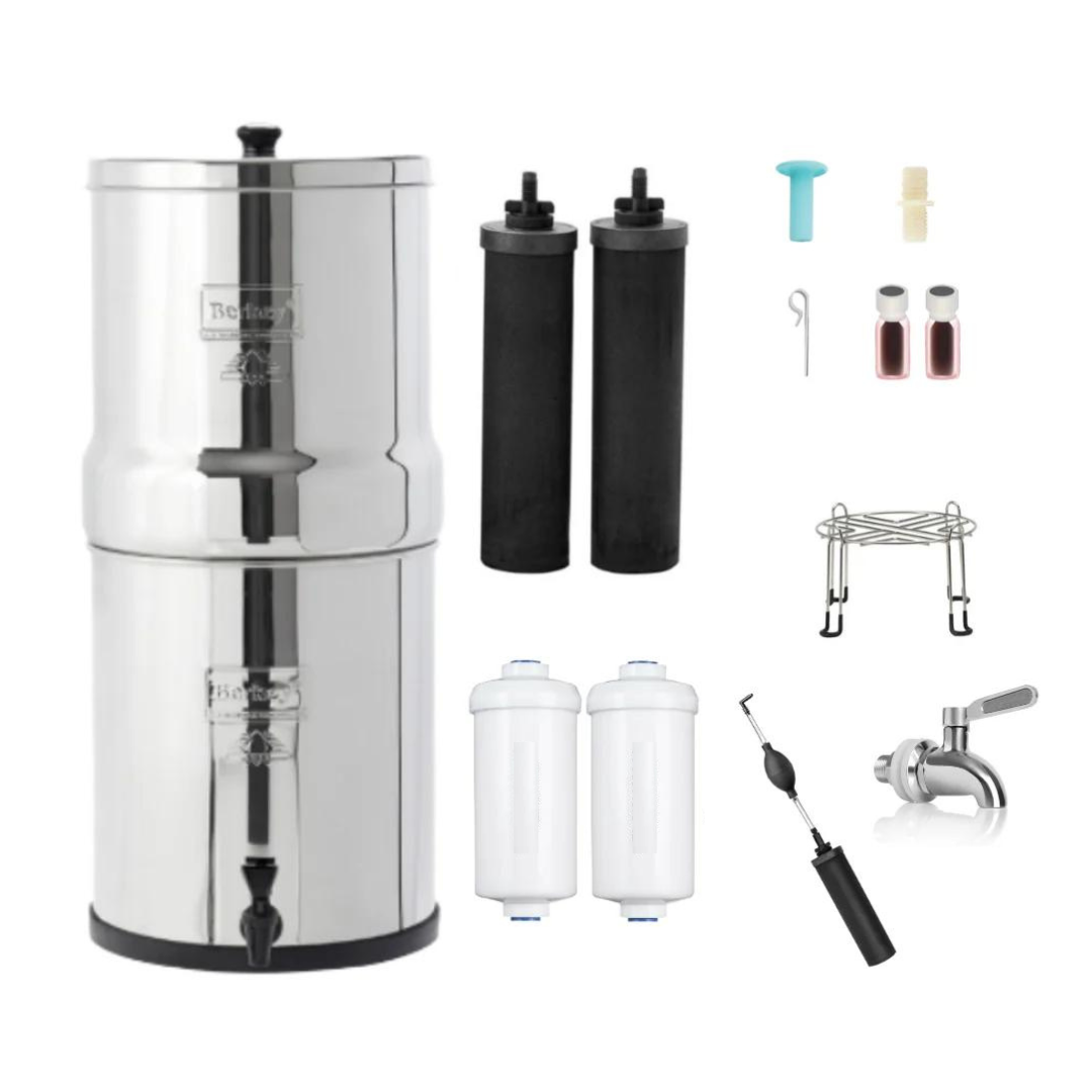 A Photo of the Big Berkey Water Filters with 2 Black Fitlers, 2 Fluoride Reduction Elements and Accessories.