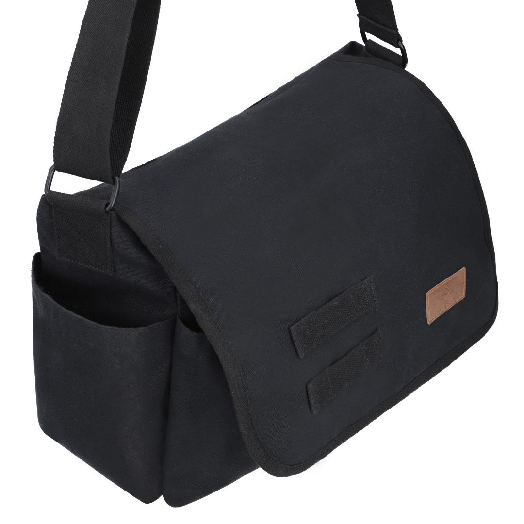 White Duck Outdoors Filios Messenger Bag Black closeup view with extended strap