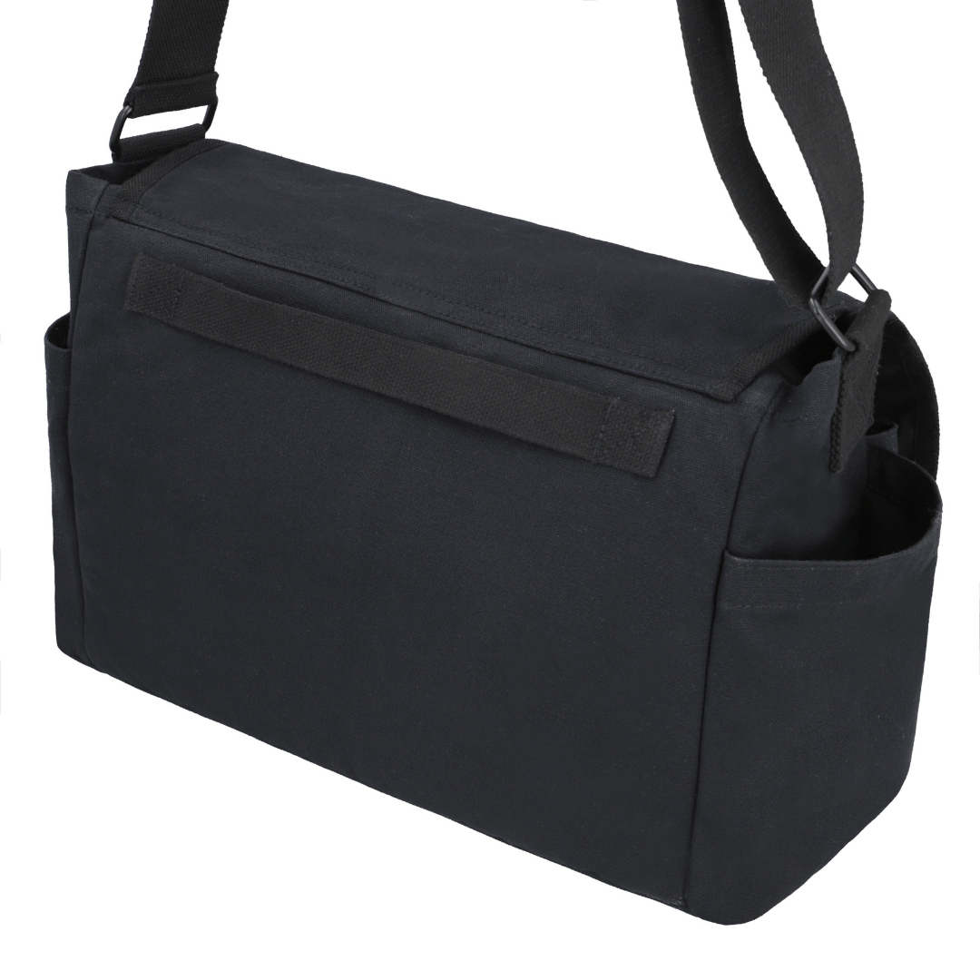 White Duck Outdoors Filios Messenger Bag Black rear view with extended strap