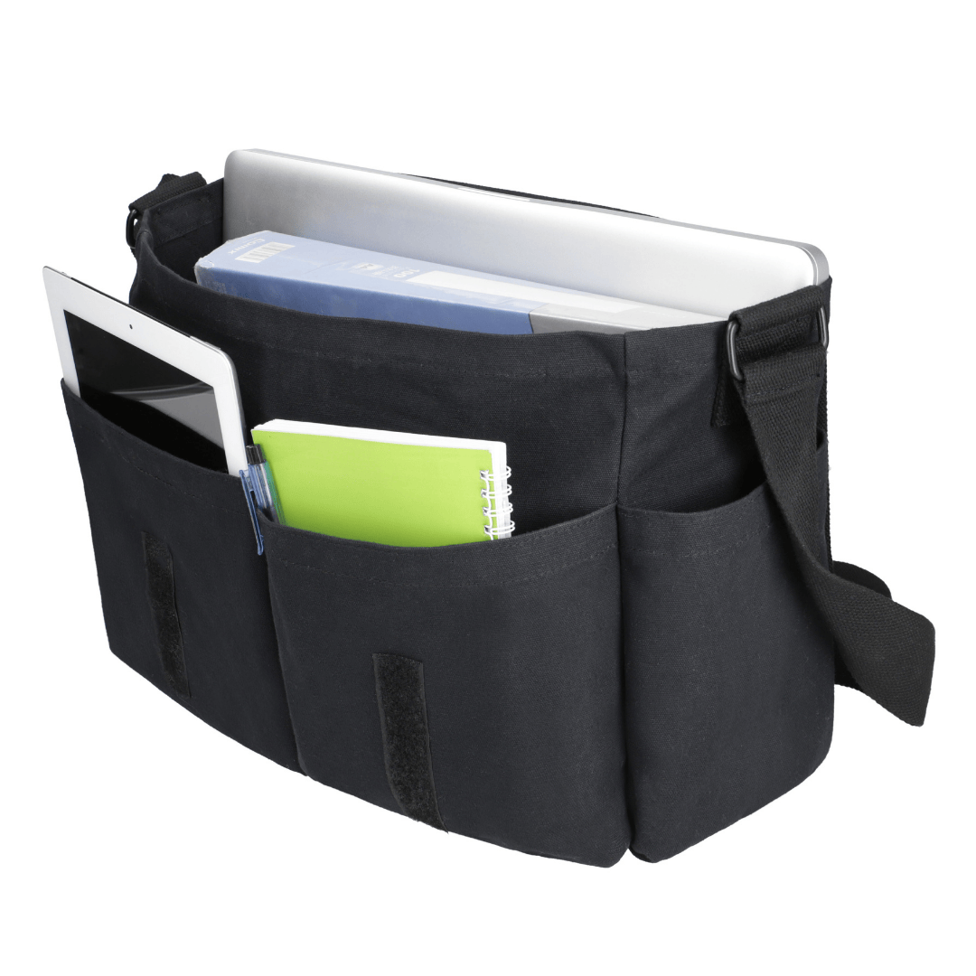 White Duck Outdoors Filios Messenger Bag black opened and filled