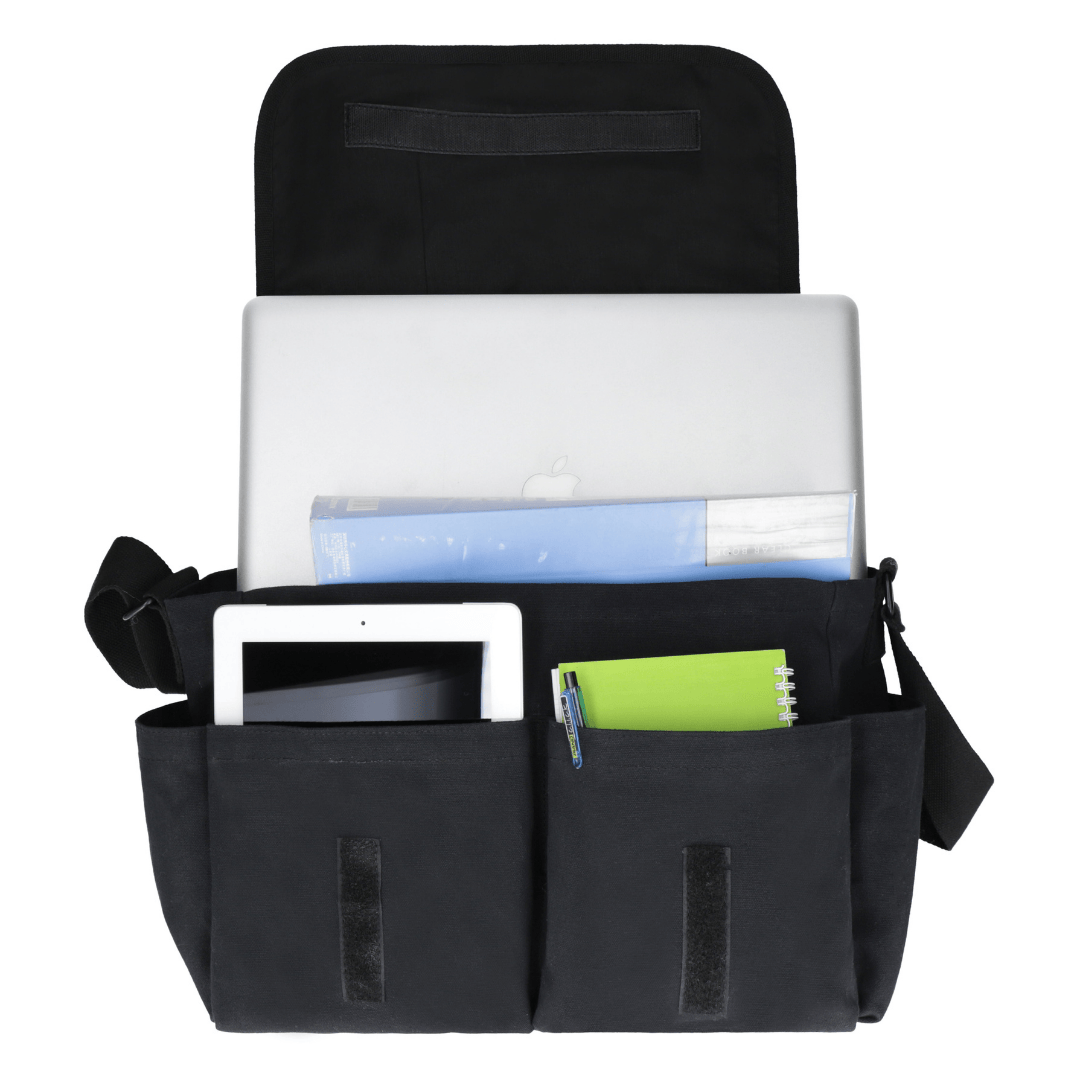 White Duck Outdoors Filios Messenger Bag black opened and filled with lifted flap