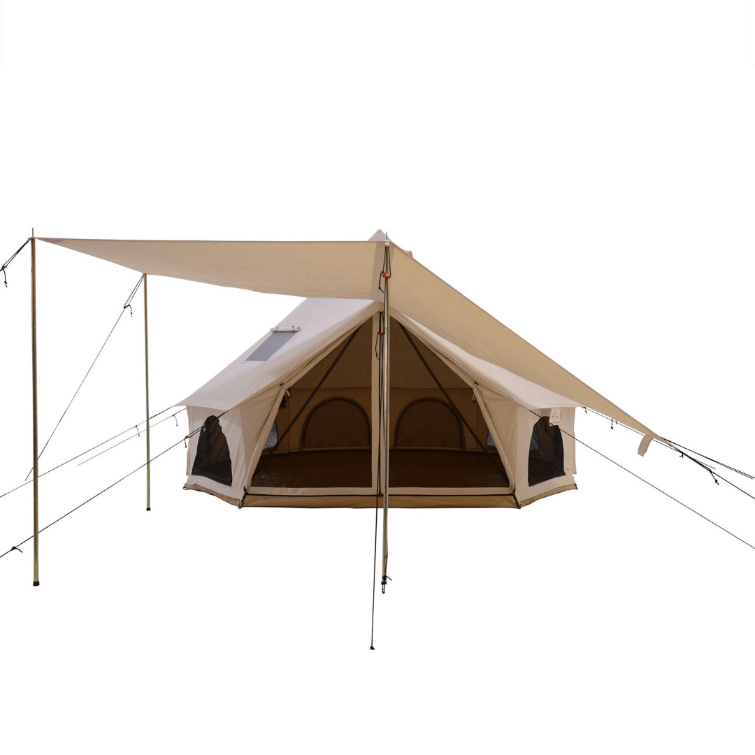 White Duck Outdoors Avalon Bell Tent Awning Style 2 Partially Opened