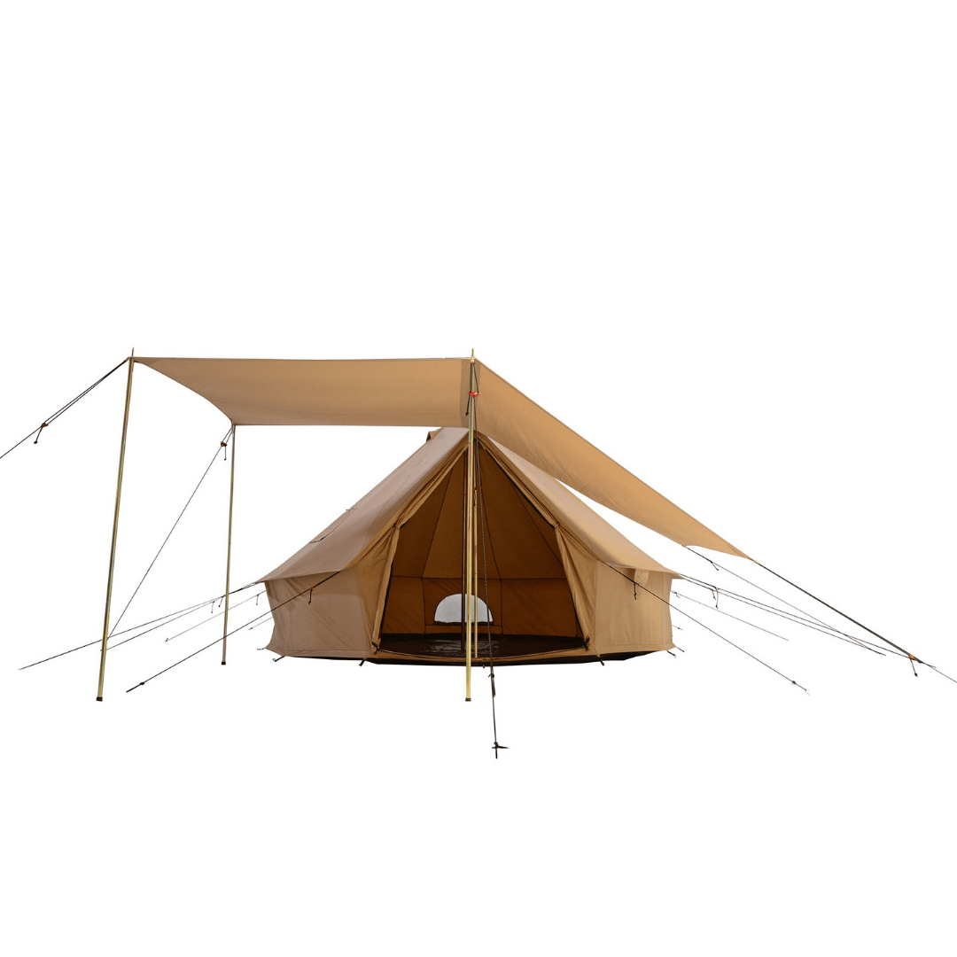 White Duck Outdoors Bell Tent Awning Sandstone Beige partially opened up