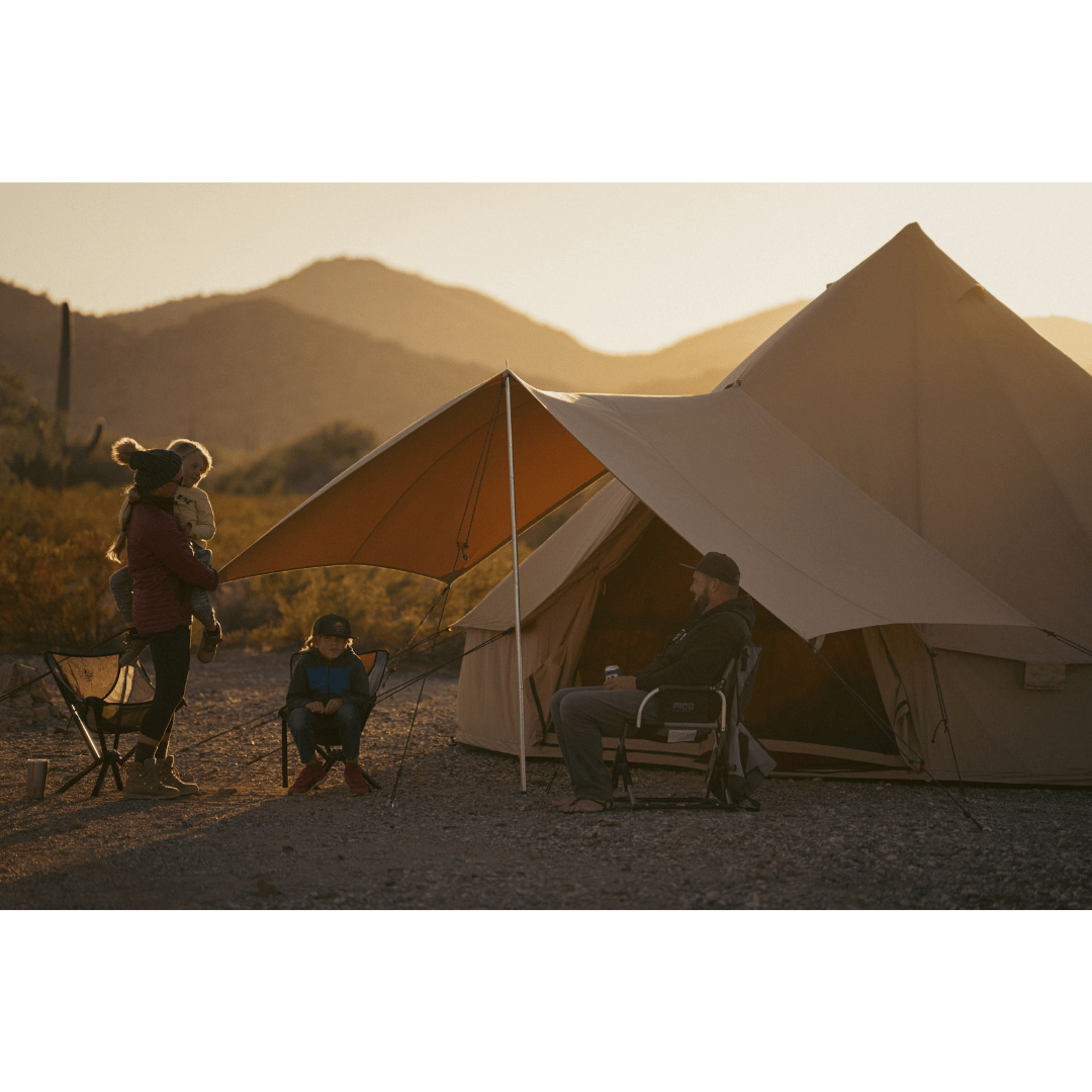 White Duck Outdoors Bell Tent Awning Sandstone Beige with Regatta and a family