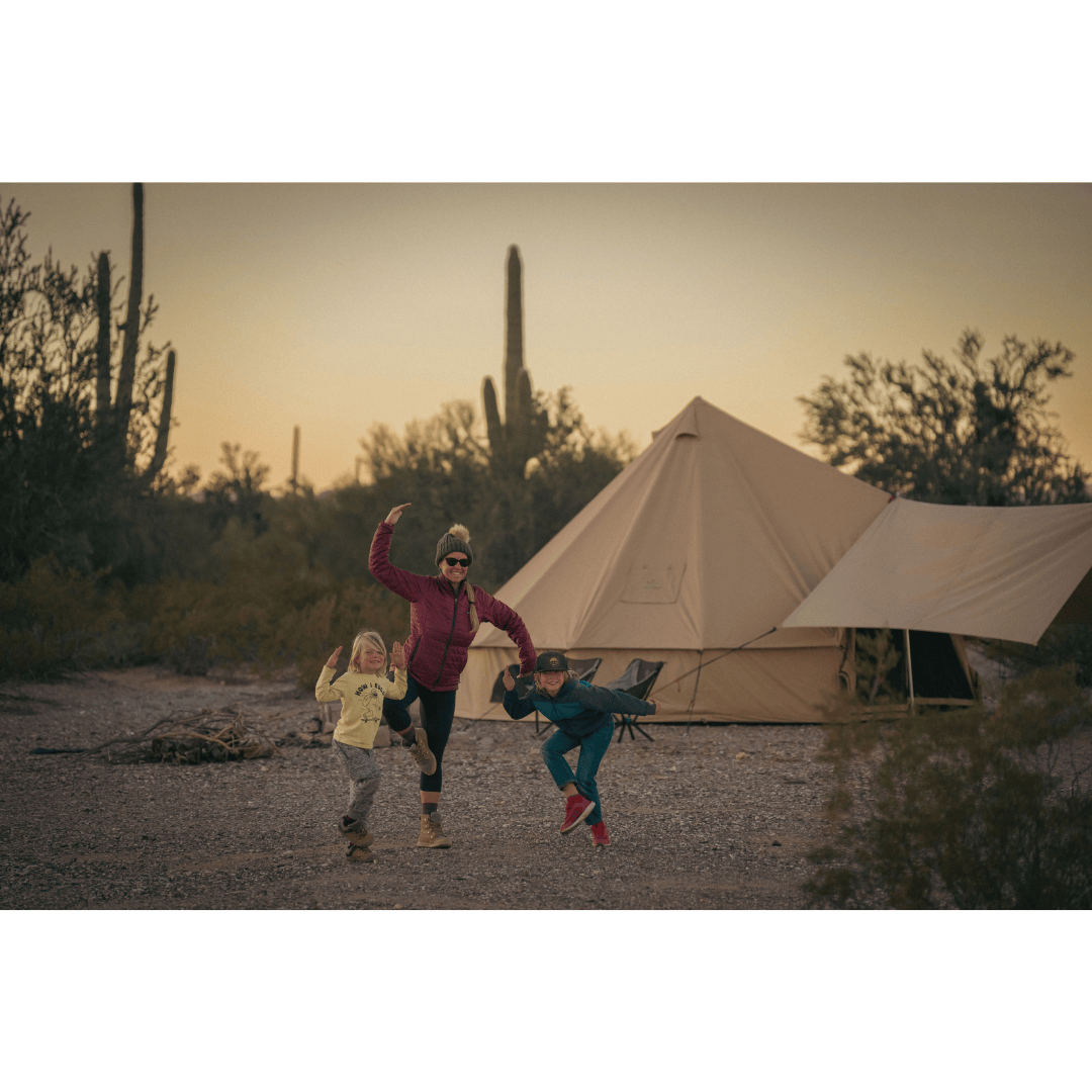 White Duck Outdoors Bell Tent Awning Sandstone Beige with mother and kids playing