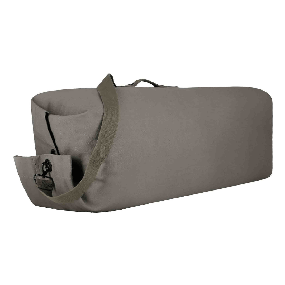 White Duck Outdoors Hoplite Canvas Top Load Bag Olive on its side