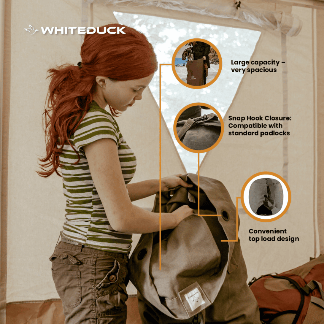 White Duck Outdoors Hoplite Canvas Top Load Bag infographic