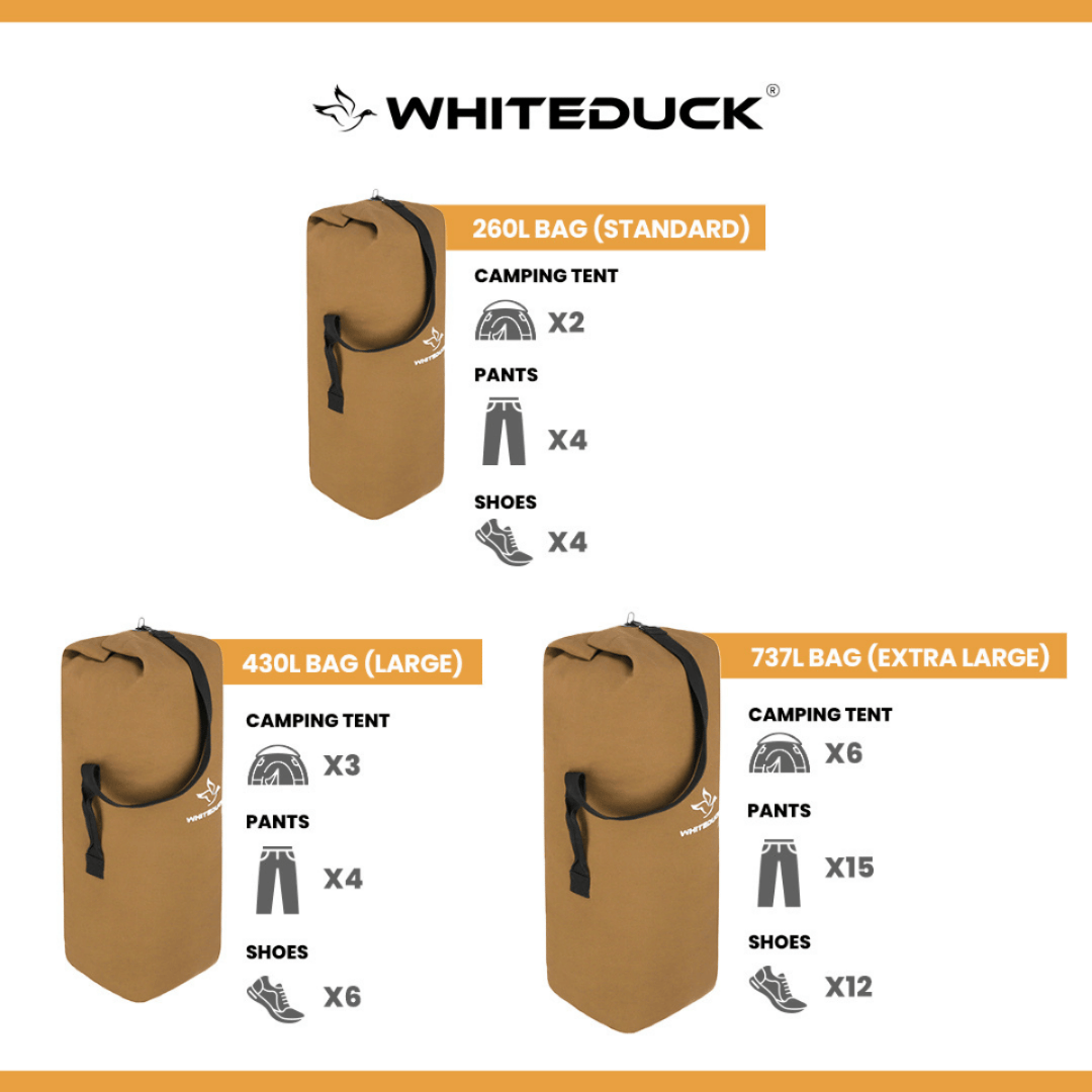 White Duck Outdoors Hoplite Canvas Top Load Bag size storage capacities