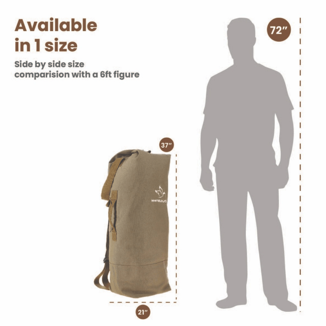 White Duck Outdoors Hoplite GI Canvas Top Load Bag size vs 6ft man