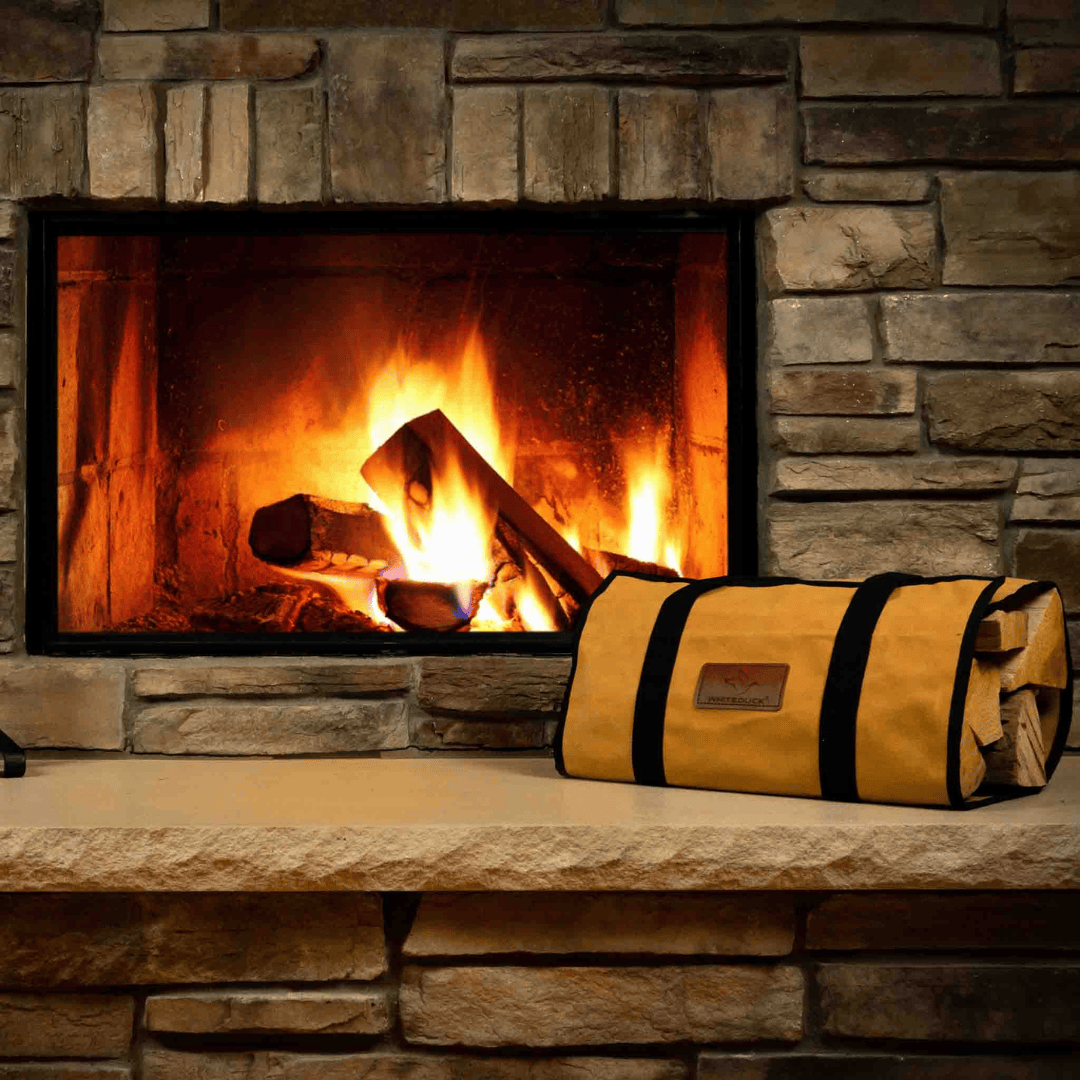 White Duck Outdoors Rectangle Canvas Log Carrier Bag Tan with logs by a fireplace