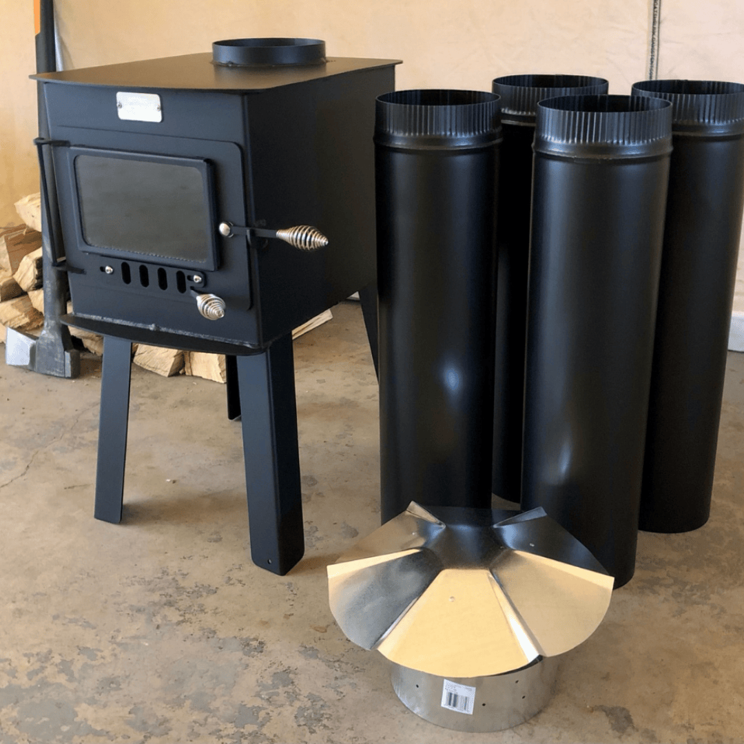 White Duck Outdoors Woodsman Wood Stove Kit parts disassembled left side view