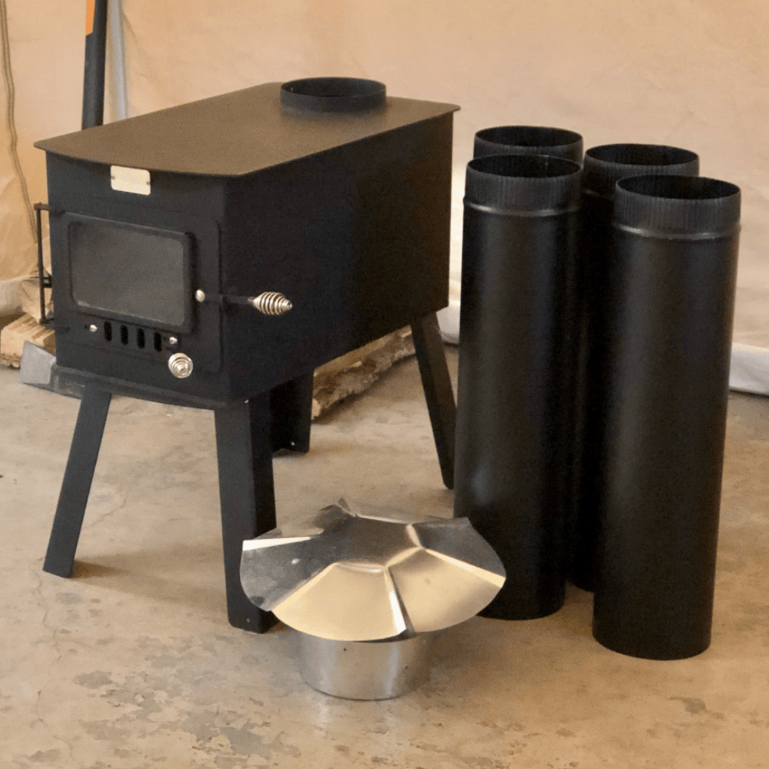 White Duck Outdoors Woodsman XL Wood Stove Kit parts disassembled left side view