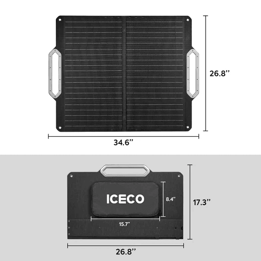 picture of ICECO 80W Foldable Solar Panel folded and unfolded dimensions