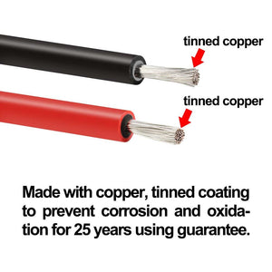 Photo of Rich Solar - 10 Gauge 10 Feet MC4 Cable open showing the tinned copper. At the bottom of the picture, it says Made with copper, tinned coating to prevent corrosion and oxidation for 25 years using guarantee.