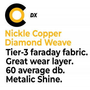Picture of CYBER Diamond DX Faraday Fabric EMI Copper Nickel Ripstop Fabric that says Tier-3 faraday Fabric, Great wear layer, 60 average db and Metallic shine.