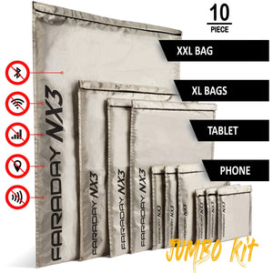 10pc Mega Kit NX3 Double Layer CYBER Fabric Faraday Bag - Faraday Defense
