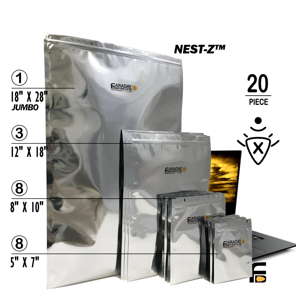 Picture of a 20 pieces Faraday Bags Large-Kit ESD/EMP 7.0mil, 1 pc. 18x28, 3 pcs. 12x18, 8 pcs. 8x10 and 8 pcs. 5x7.