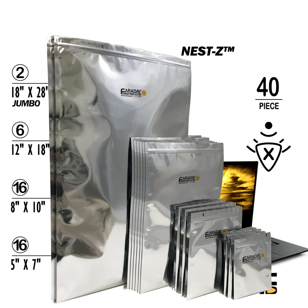 Picture of a 40pc Mega-Kit ESD/EMP 7.0mil Faraday Bags, 2 pcs. of18x28, 6 pcs. of 12x18, 16 pieces of 8x10 and 16 pieces of 5x7.