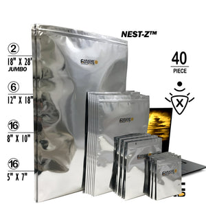 Picture of a 40pc Mega-Kit ESD/EMP 7.0mil Faraday Bags, 2 pcs. of18x28, 6 pcs. of 12x18, 16 pieces of 8x10 and 16 pieces of 5x7.