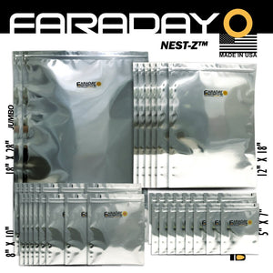 Picture of a 40pc Mega-Kit ESD/EMP 7.0mil Faraday Bags, 2 pcs. of18x28, 6 pcs. of 12x18, 16 pieces of 8x10 and 16 pieces of 5x7.
