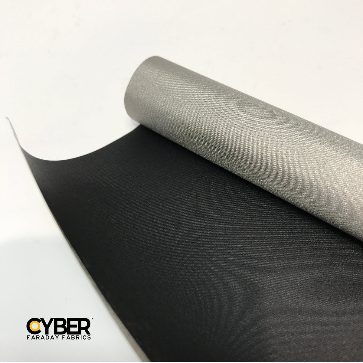 Picture of CYBER Faraday Fabric EMF RF Shielding Black Fabric Roll 50″ x 1′ with Cyber garaday Fabrics logo on the lower left corner.