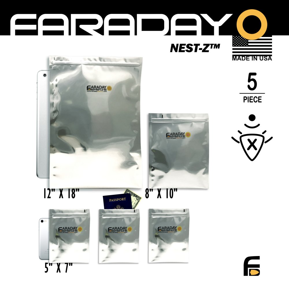 Picture of a 5pc Medium-Kit ESD/EMP 7.0mil Faraday Bags, 1 pc. 12x18, 1 pc. 8x10, 3 pcs. 5x7.