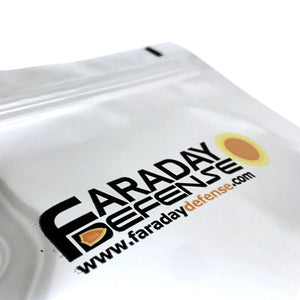 Picture of Faraday Defense Logo and website on a Bag.