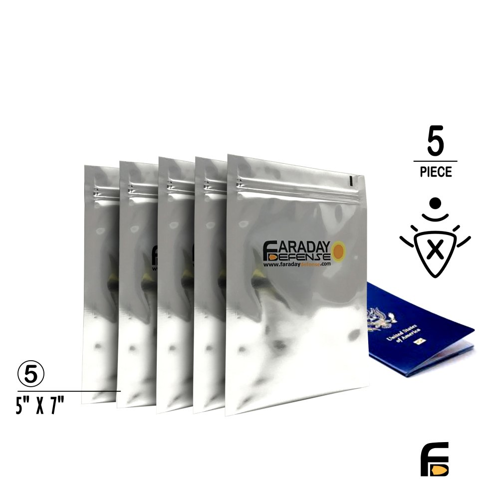 Picture of a 5pc 5×7 Cellphone ESD/EMP 7.0mil Faraday Bags.