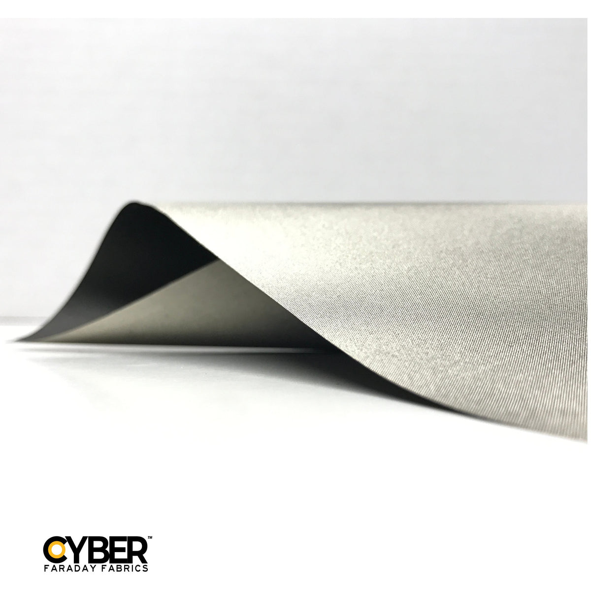 Picture of CYBER Faraday Fabric EMF RF Shielding Black Fabric Roll 50″ x 1′ with Cyber garaday Fabrics logo on the lower left corner.