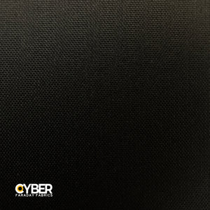 Picture of CYBER Faraday Fabric EMF RF Shielding Black Fabric Roll 50″ x 1′ with Cyber garaday Fabrics logo on the lower left corner.