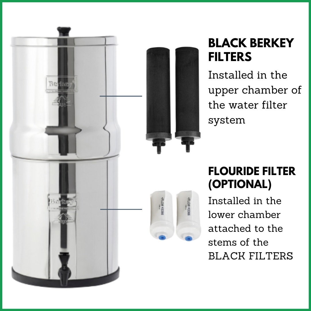 2.1 Gallons Big Berkey Water Filter Purifier W/2 Blk Filters & buy 2 White FLUORIDE