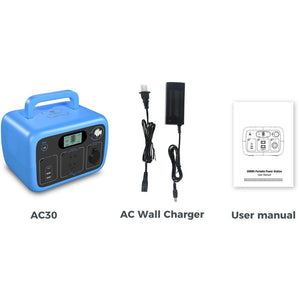 Photo of Bluetti - AC30 300Wh/300W Portable Power Station in color blue with the user manual and ac wall charger.