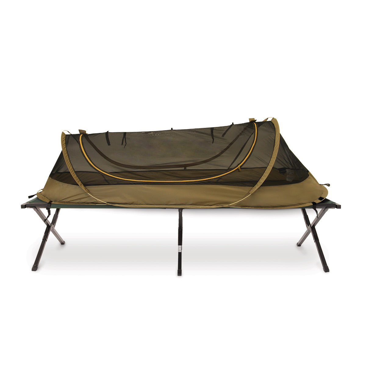 Photo of the front view of the Catoma Burrow tent with poles in a white background.