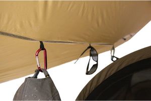 Photo of the inside of the Catoma Gopher Tarp System with cap and eyeglasses hooked in it.
