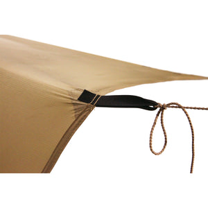 Photo of Catoma Gopher Tarp System hooked in a rope on a white background.