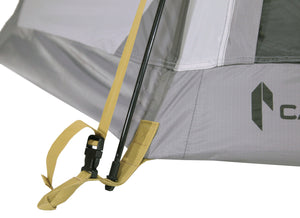 Photo of the pole and tough nylon webbing for y attachment on the Catoma Sable tent in a white background.