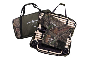 Picture of 2 carry bags containing the Disc-O-Bed Cam-O-Bunk Large with Mossy Oak including Organizers, one is open..