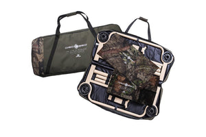 Picture of 2 carry bags containing the Disc-O-Bed Cam-O-Bunk XL with Mossy Oak including Organizers, one is open..