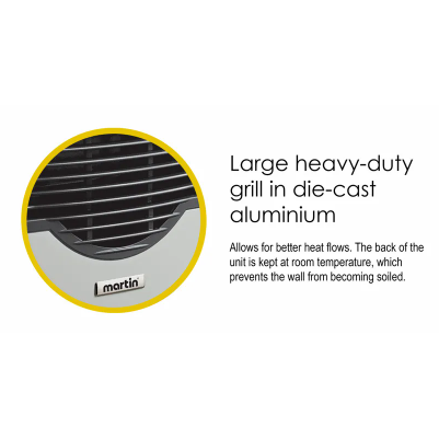 Picture of Martin - Natural Gas Direct Vent Thermostatic Heater 20,000 Btu Visor MDV20VN Large heavy-duty grill in die-cast aluminum that says it allows for better heat flows and the back of the unit is kept at room temperature, which prevents the wall from becoming soiled.