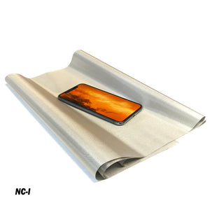 Picture of CYBER Faraday Fabric EMF RF Shielding Nickel Copper Fabric Roll 50″ x 1′  with cellphone above it.