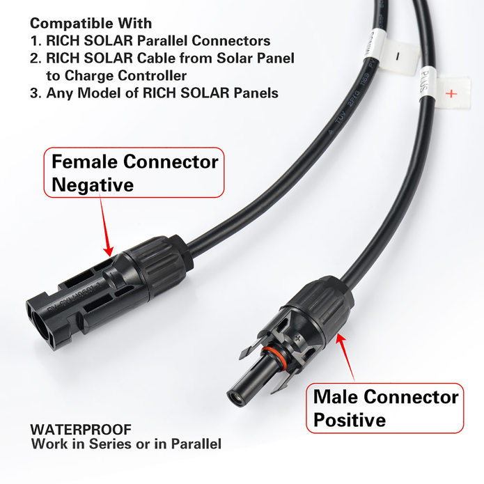 Photo of Rich Solar - 100 Watt Mono Solar Panel compatible with 1. Rich Solar parallel connectors, 2. Rich Solar Cable from Solar Panel to Charge Controller, 3. Any model of Rich Solar panels. There’s an arrow pointing on the left end of the panel leads that indicates the Female Connector Negative, and an arrow pointing on the right end of the panel leads that indicates the Male Connector Positive. Both Waterproof work in Series or in Parallel.