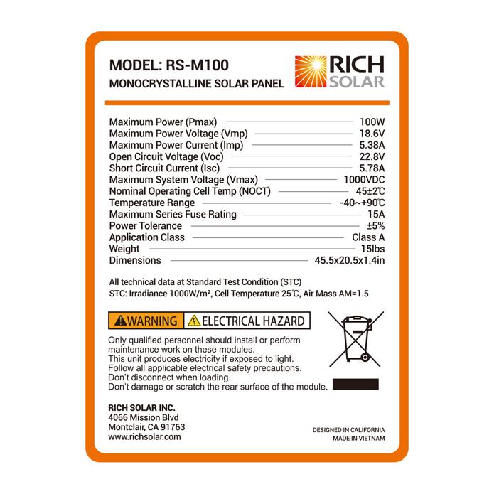 Photo of Rich Solar Model: RS-M100 Monocrystalline Solar Panel Technical data.