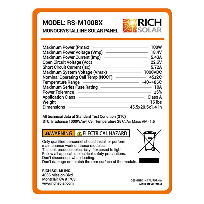 Photo of Rich Solar Model: RS-M100BX Monocrystalline Solar Panel Technical data.